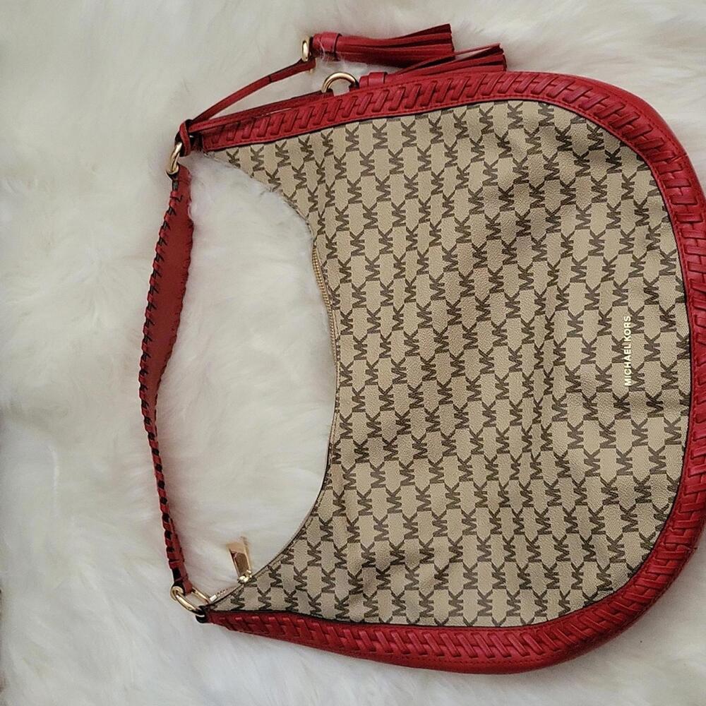 Michael Kors Lauren Red Leather with Coated Brown MK Canvas